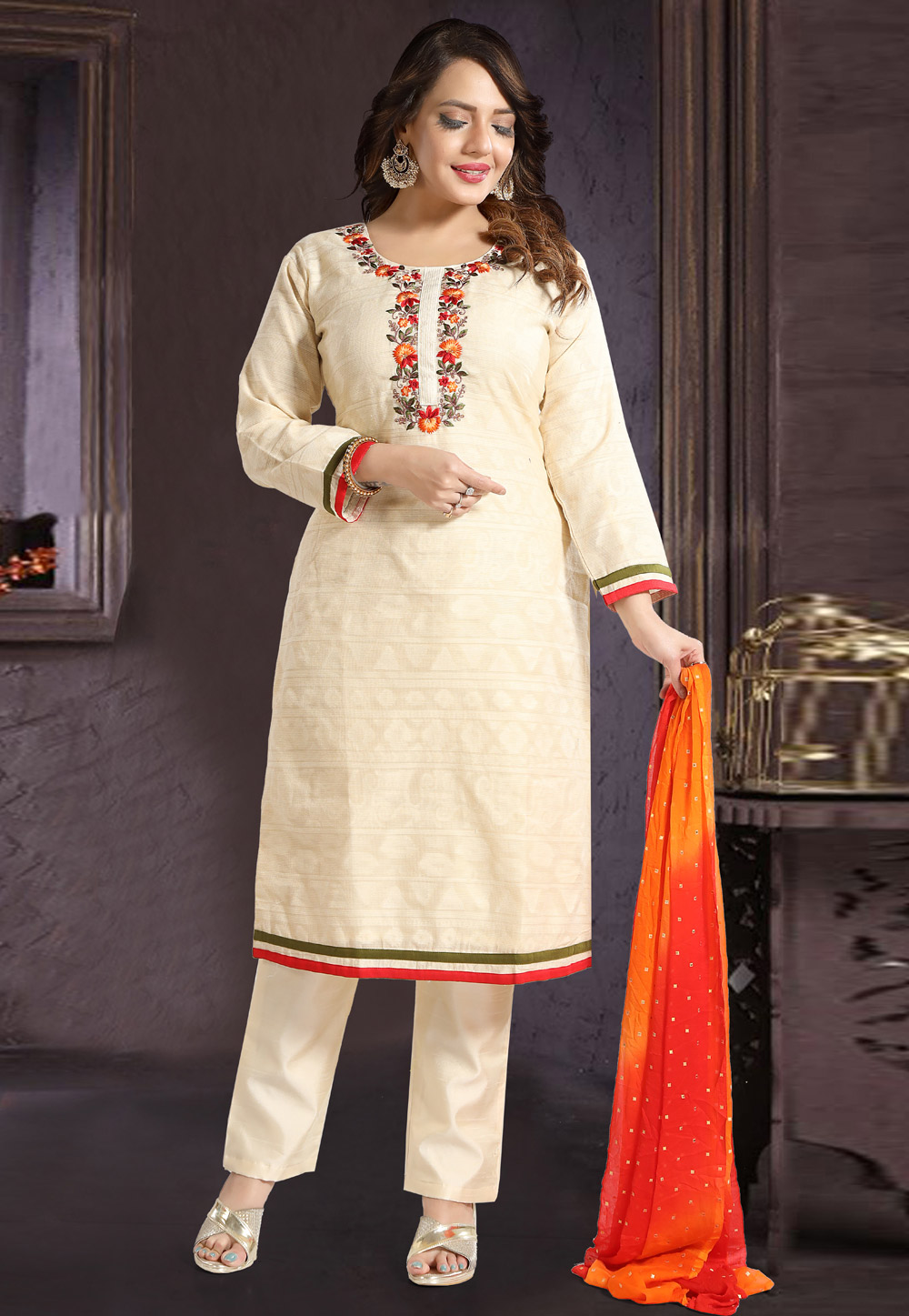 Cream Cotton Readymade Pant Style Suit 259383