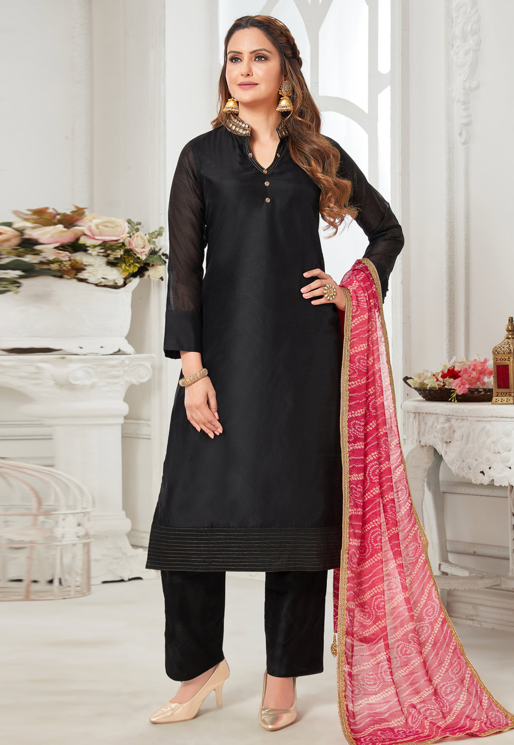 Black Chanderi Silk Readymade Pakistani Suit 270670
