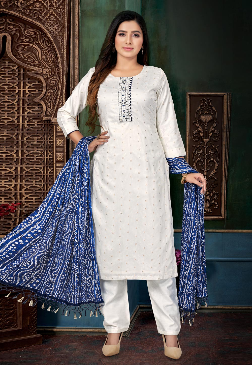 White Chanderi Silk Readymade Pant Style Suit 274201