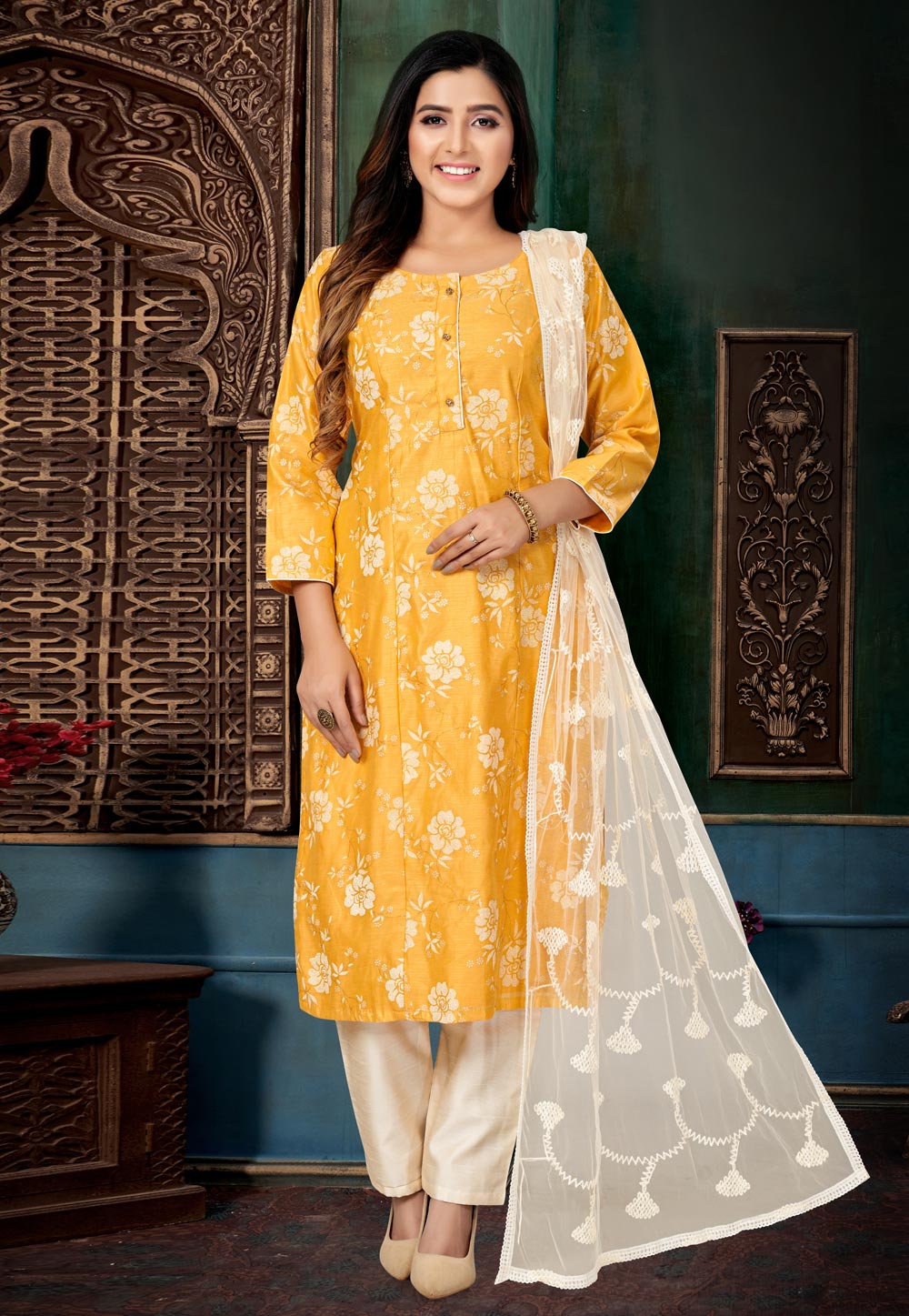 Yellow Chanderi Silk Readymade Pakistani Suit 274202