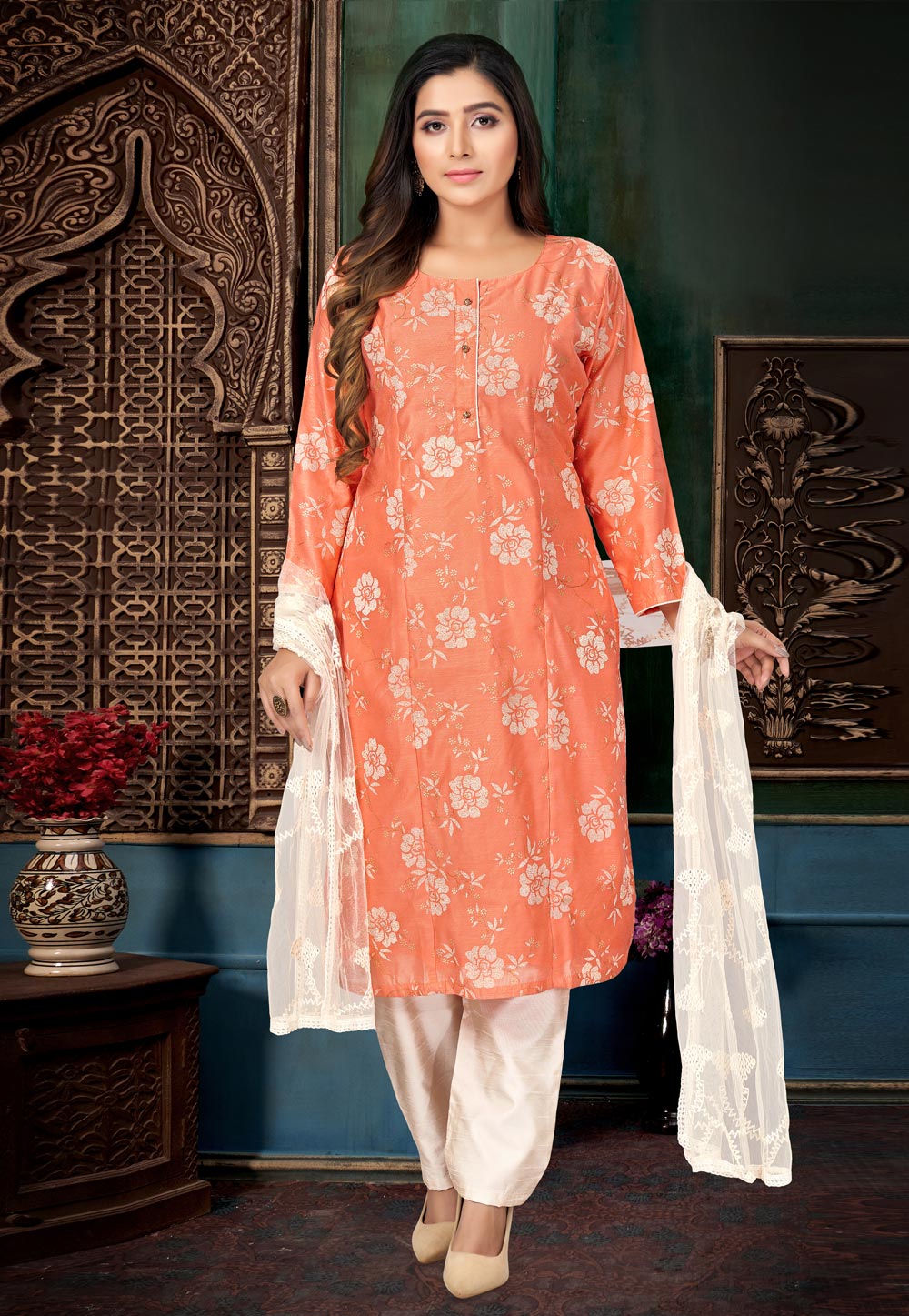 Peach Chanderi Silk Readymade Pant Style Suit 274203