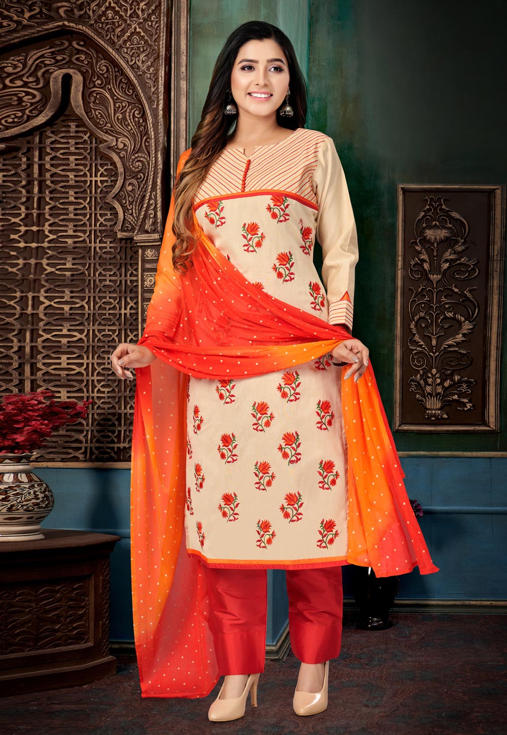 Beige Chanderi Silk Readymade Pakistani Suit 274204
