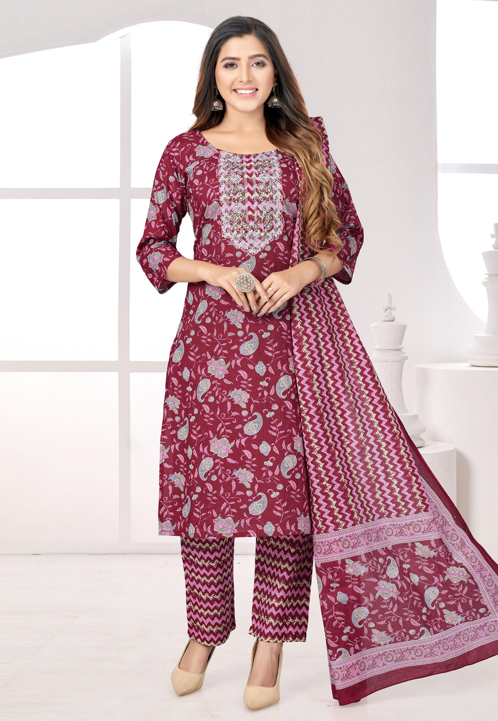 Maroon Cotton Readymade Pant Style Suit 274381