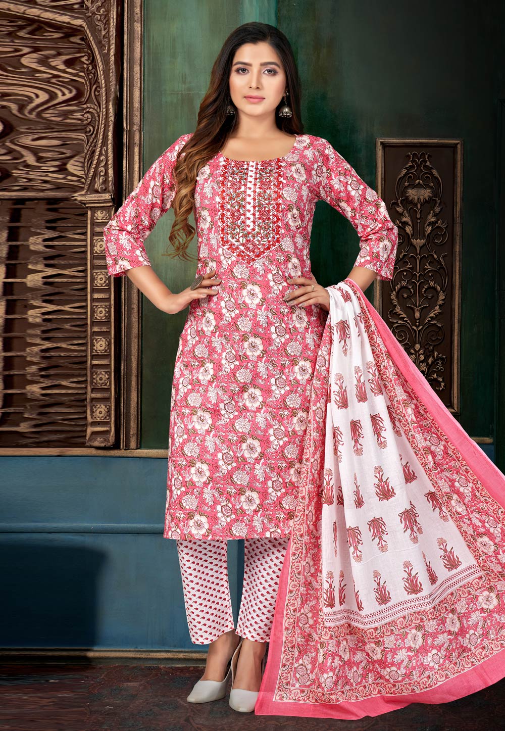 Pink Cotton Readymade Pant Style Suit 274383