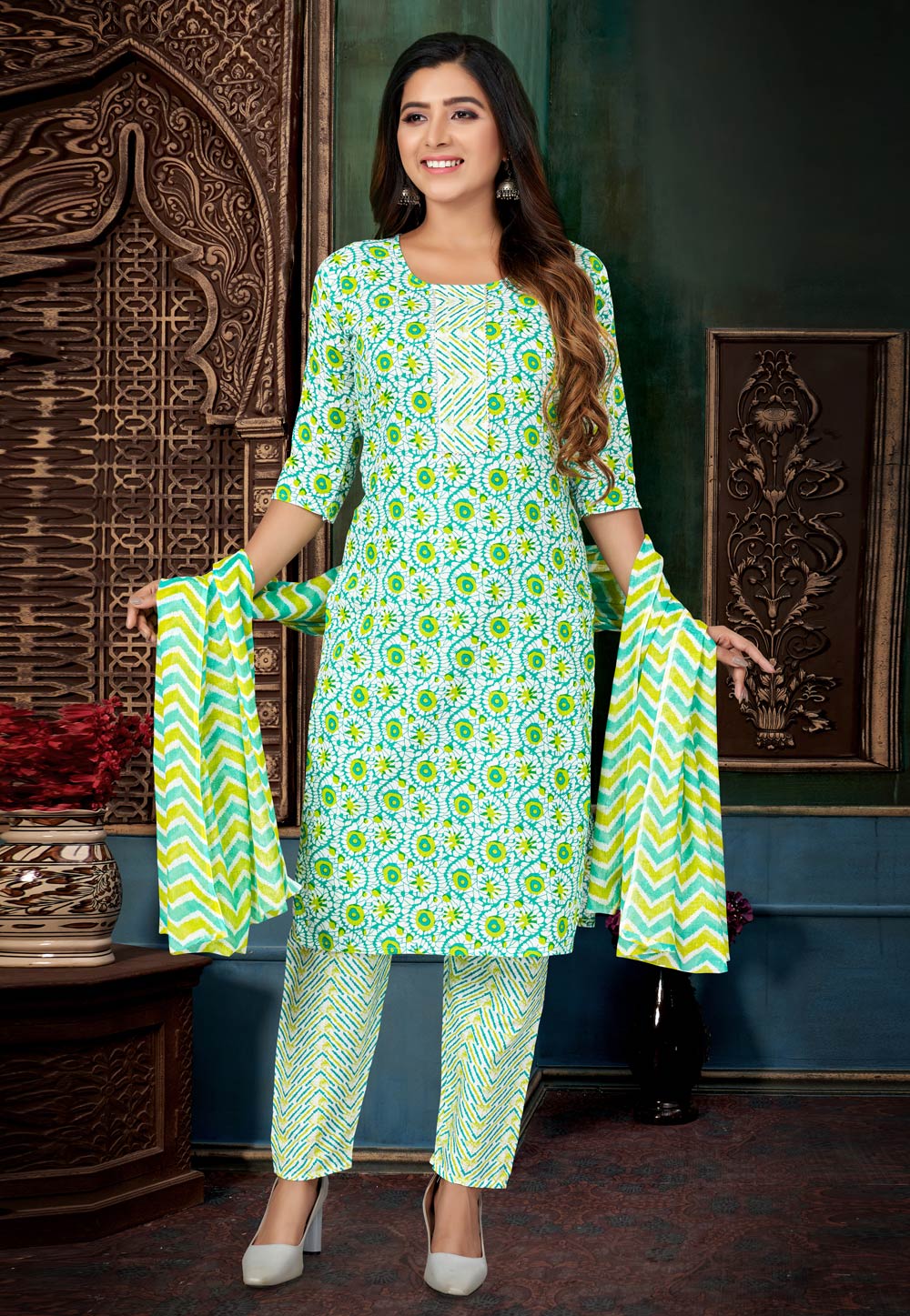 Light Green Cotton Readymade Pakistani Suit 274384