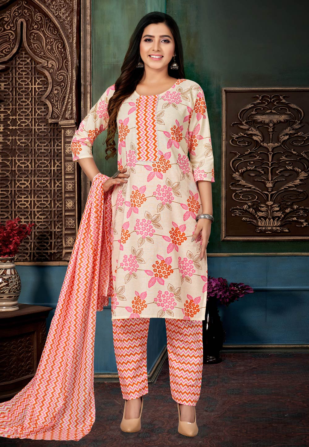 Beige Cotton Readymade Pant Style Suit 274385