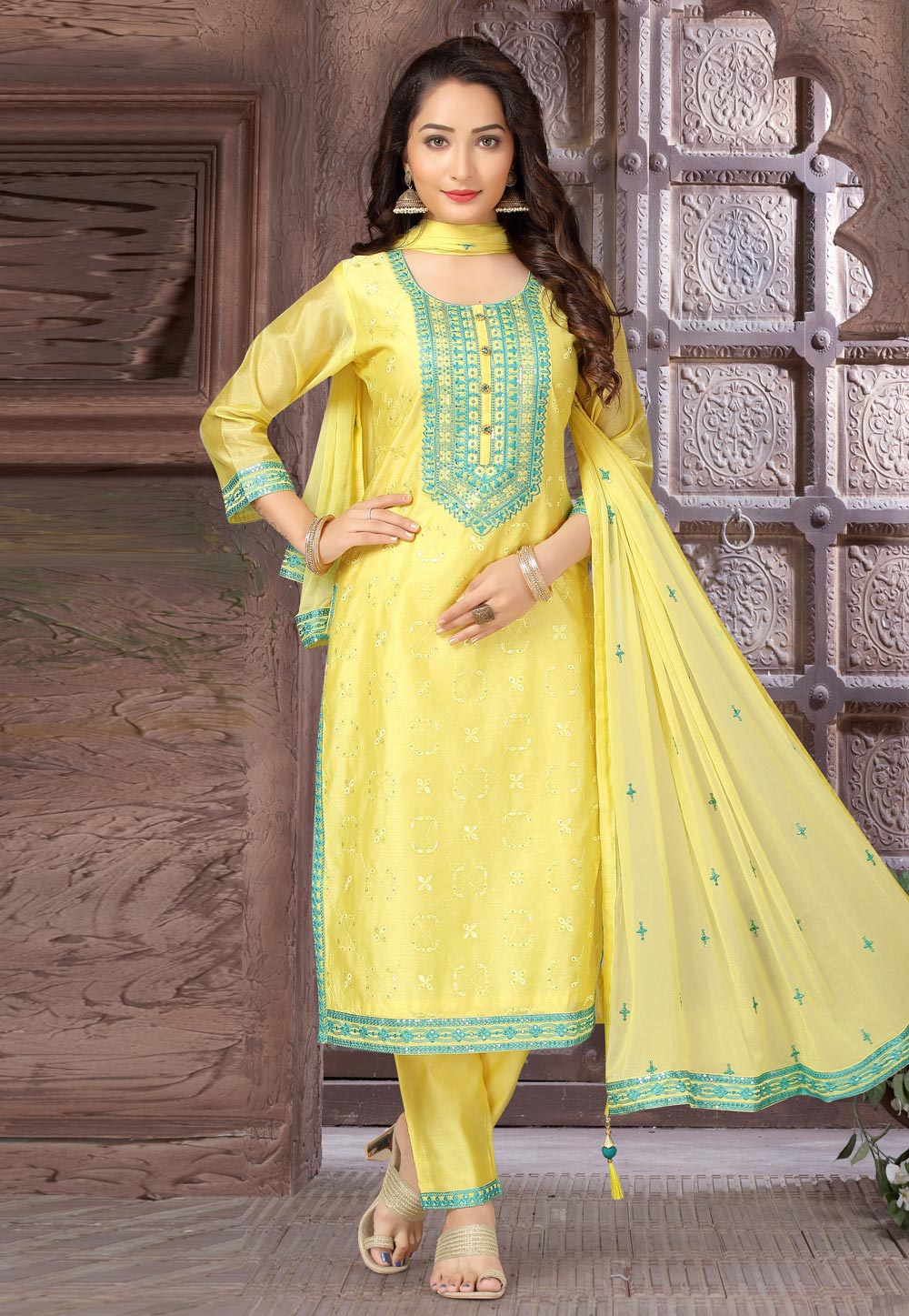 Yellow Chanderi Silk Readymade Pant Style Suit 274700