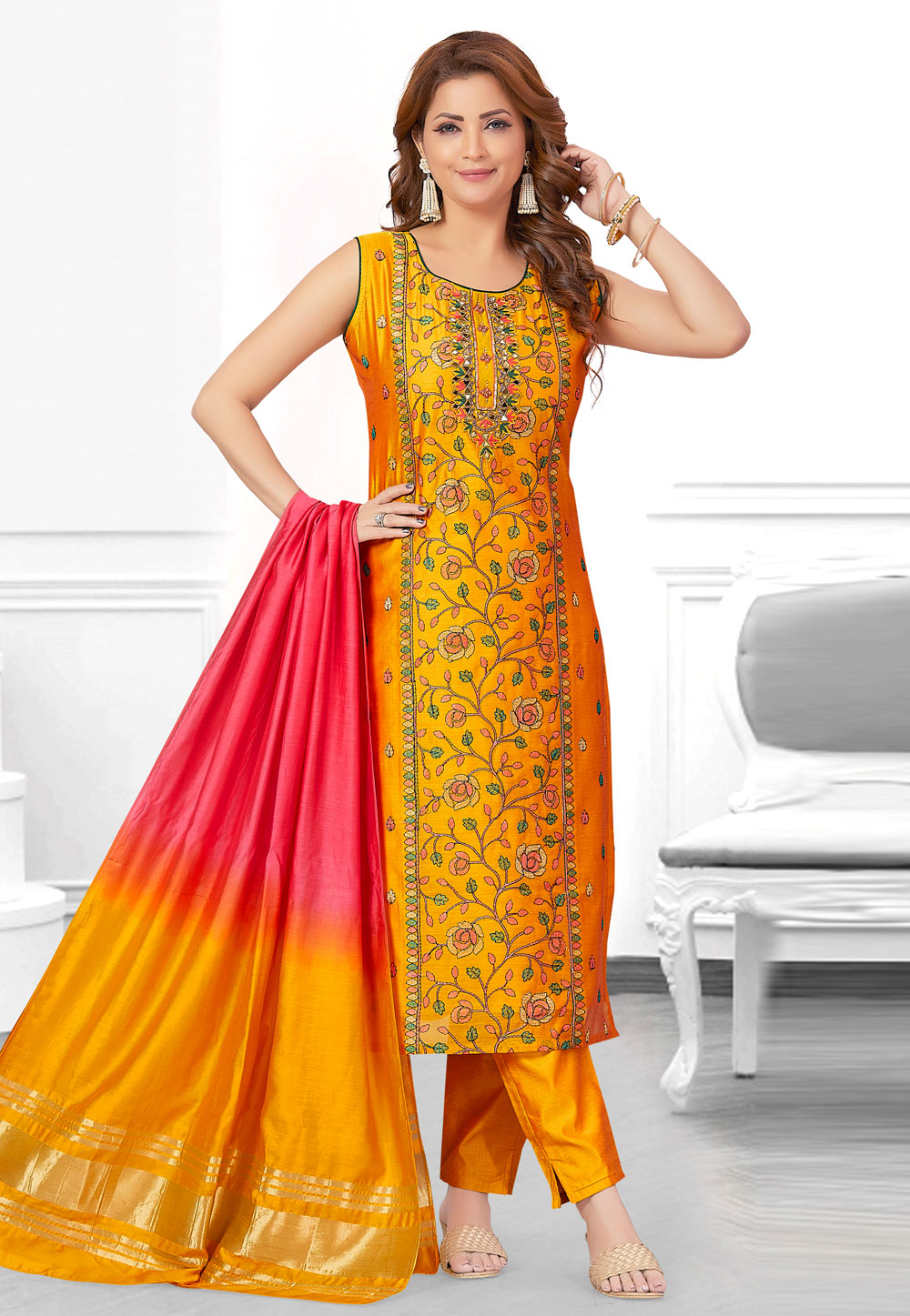 Orange Chanderi Silk Readymade Pakistani Suit 274819