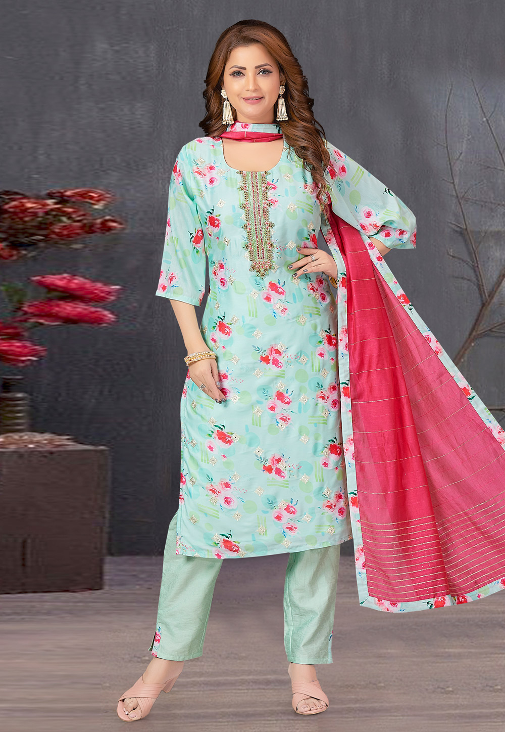 Sky Blue Silk Readymade Pakistani Suit 274821