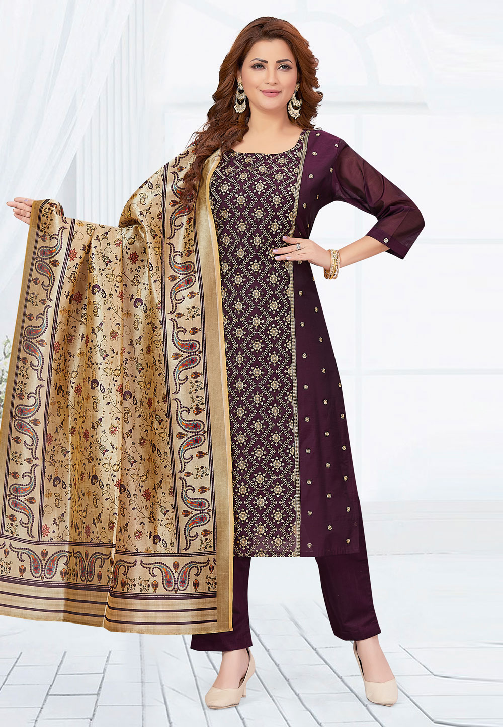 Purple Chanderi Silk Readymade Pakistani Suit 275603