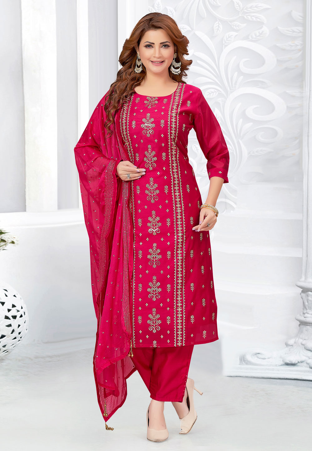 Magenta Chanderi Silk Readymade Pakistani Suit 275605