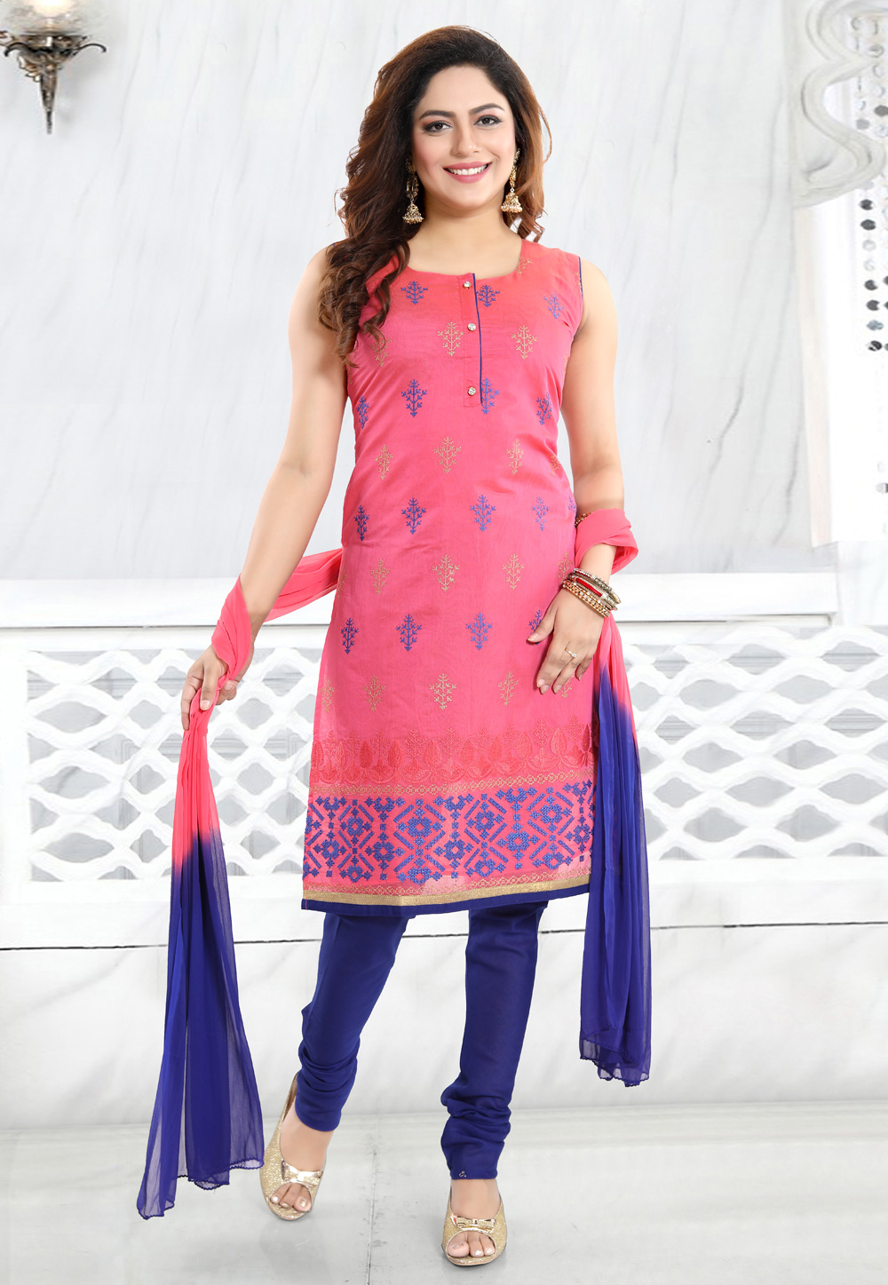 Pink Chanderi Readymade Churidar Suit 169049