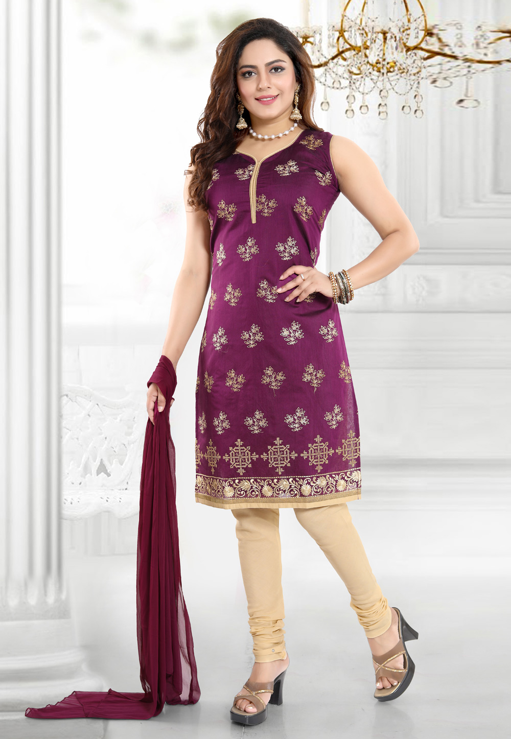 Purple Chanderi Readymade Churidar Suit 169059