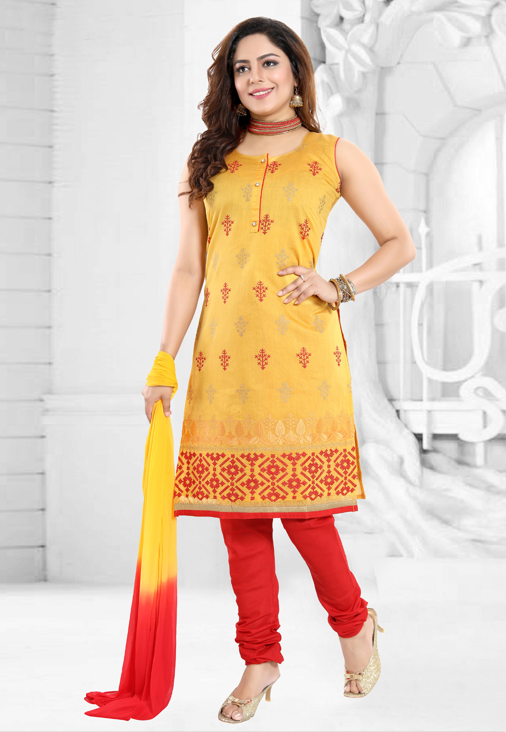 Yellow Chanderi Readymade Churidar Suit 169065