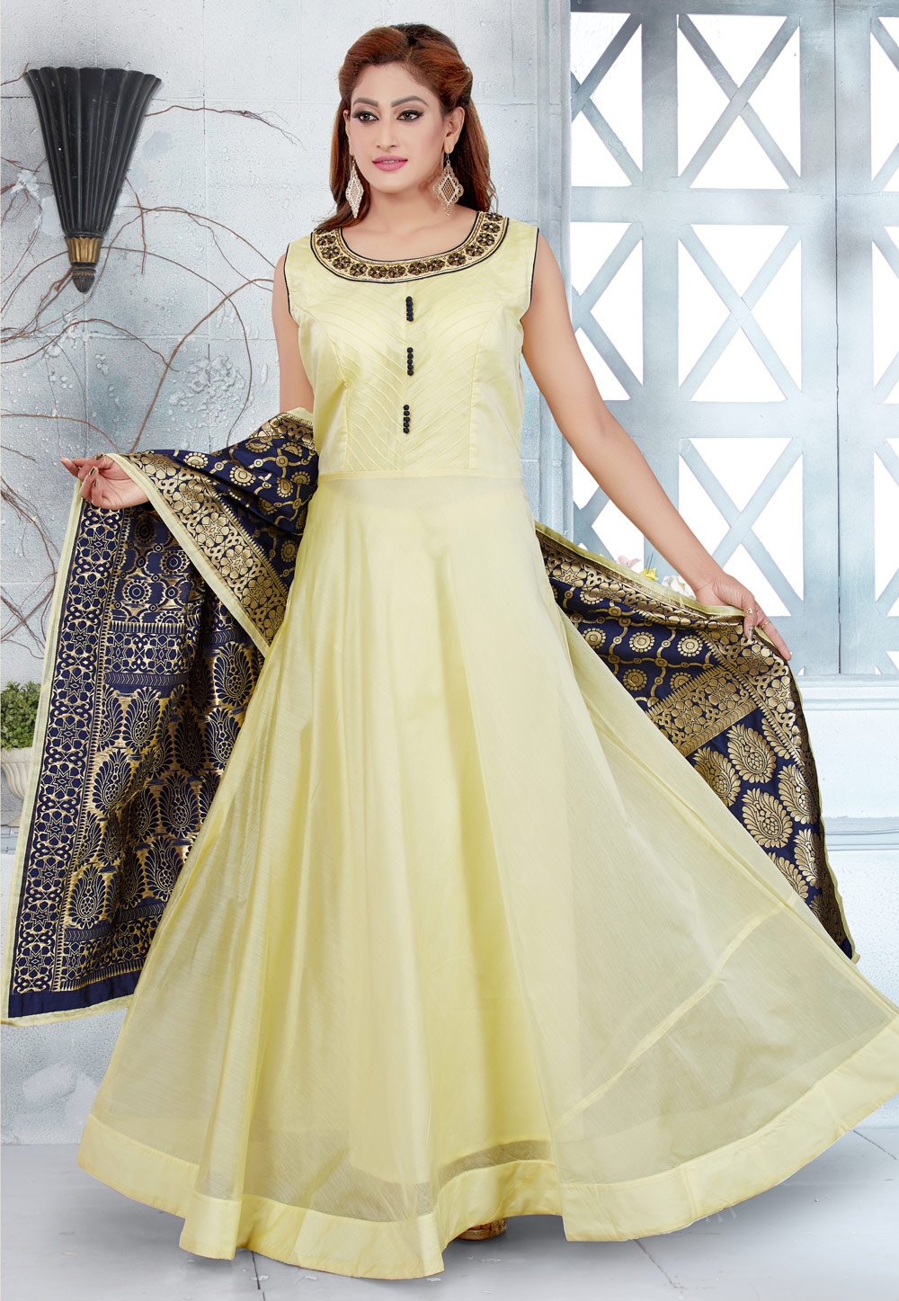 Yellow Chanderi Silk Readymade Long Anarkali Suit 194209