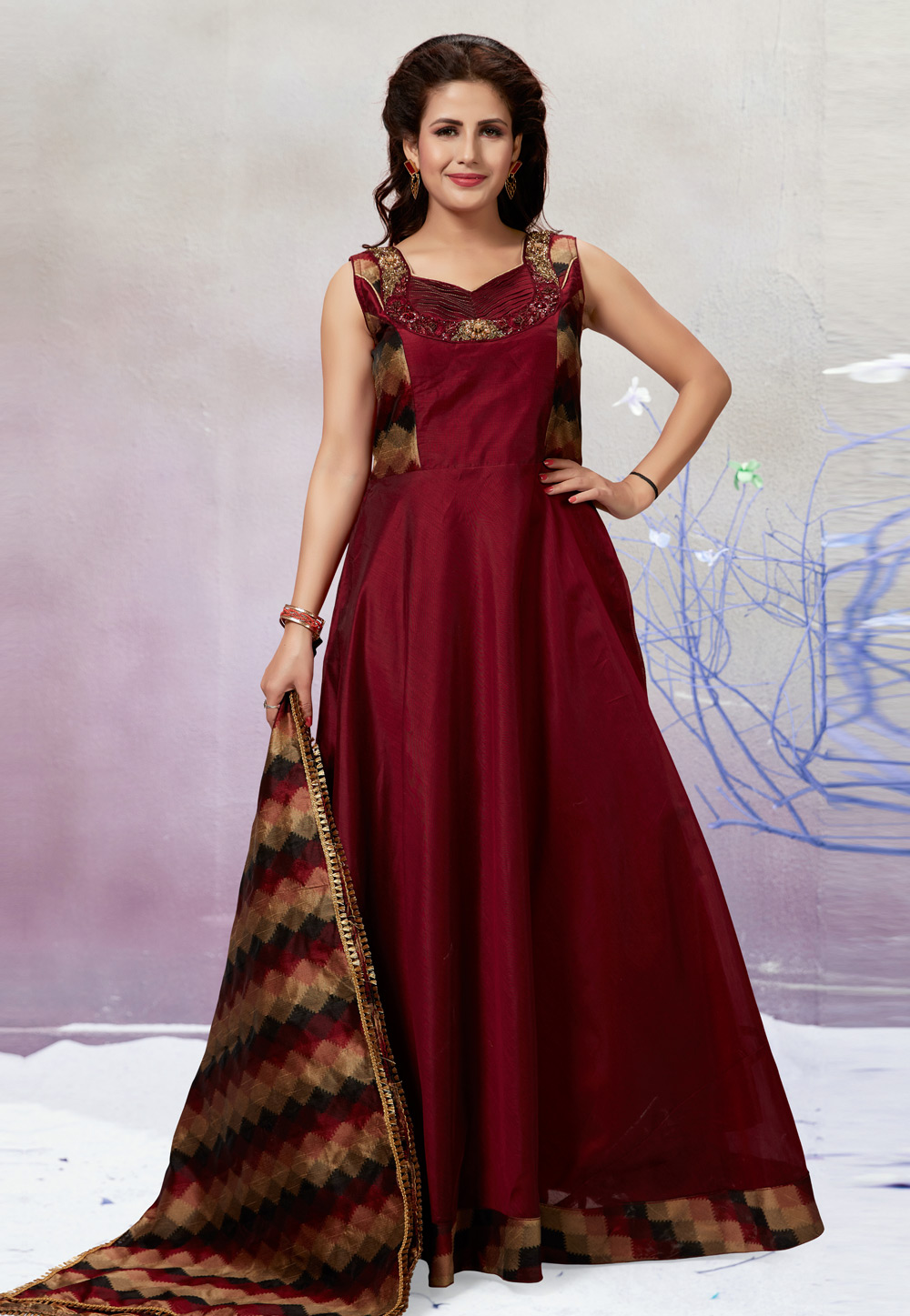 Maroon Chanderi Silk Readymade Floor Length Anarkali Suit 194211