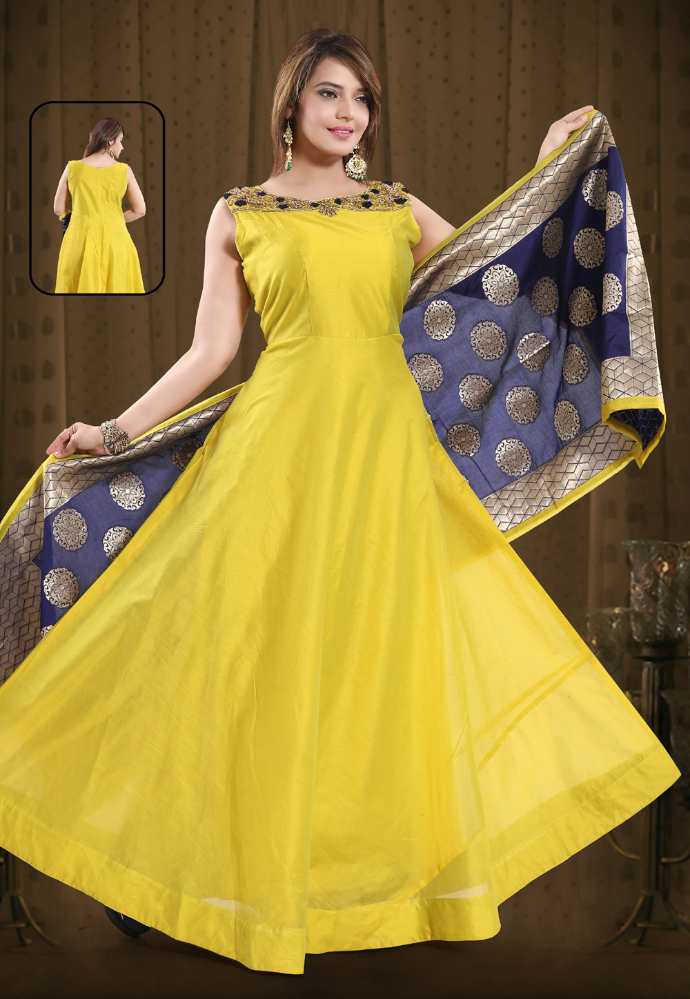 Yellow Chanderi Silk Readymade Floor Length Anarkali Suit 194216
