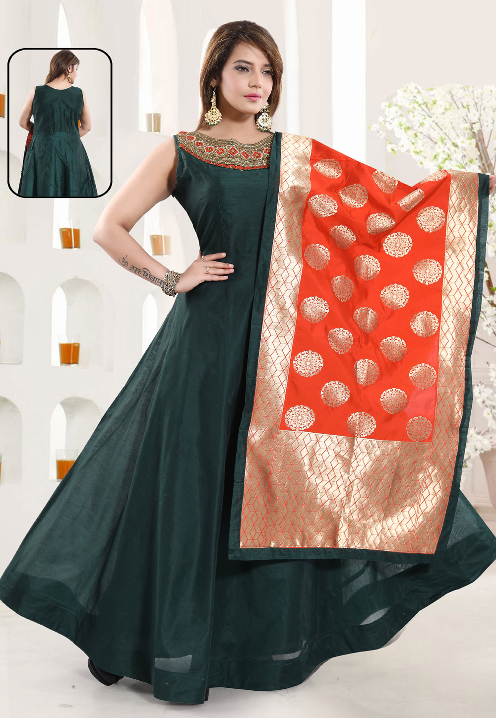 Teal Chanderi Silk Readymade Floor Length Anarkali Suit 194217