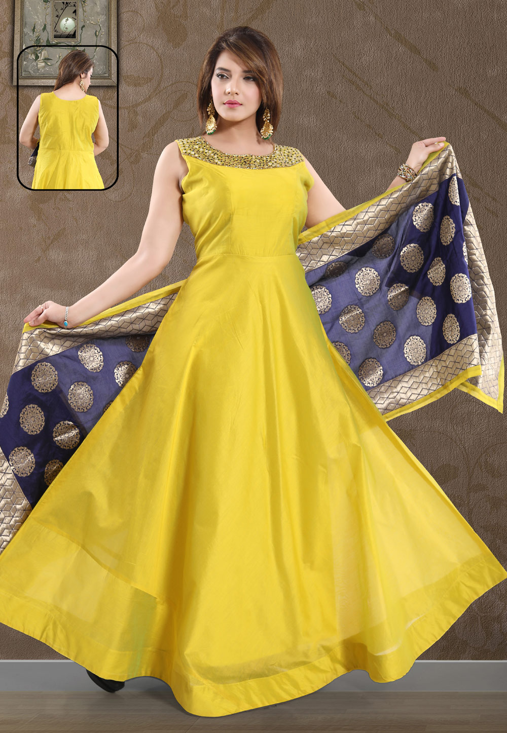 Yellow Chanderi Silk Readymade Floor Length Anarkali Suit 194218