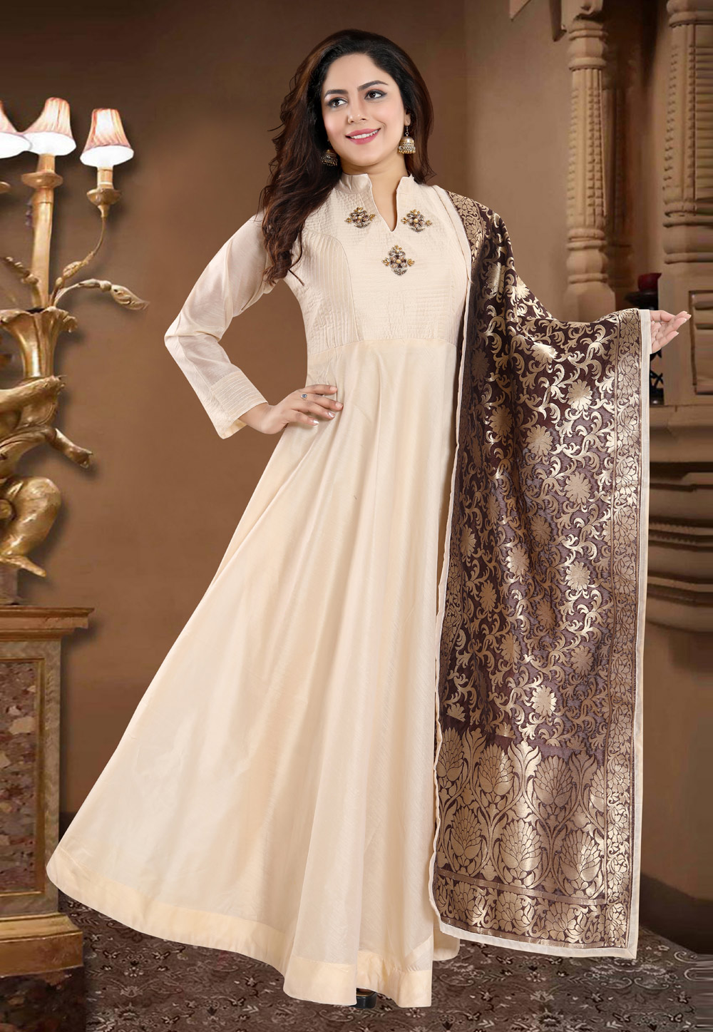 Cream Chanderi Silk Readymade Long Anarkali Suit 178038