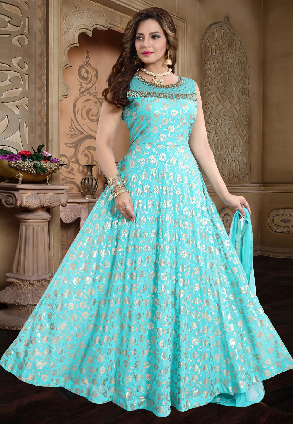 Turquoise Silk Readymade Floor Length Anarkali Suit 178056