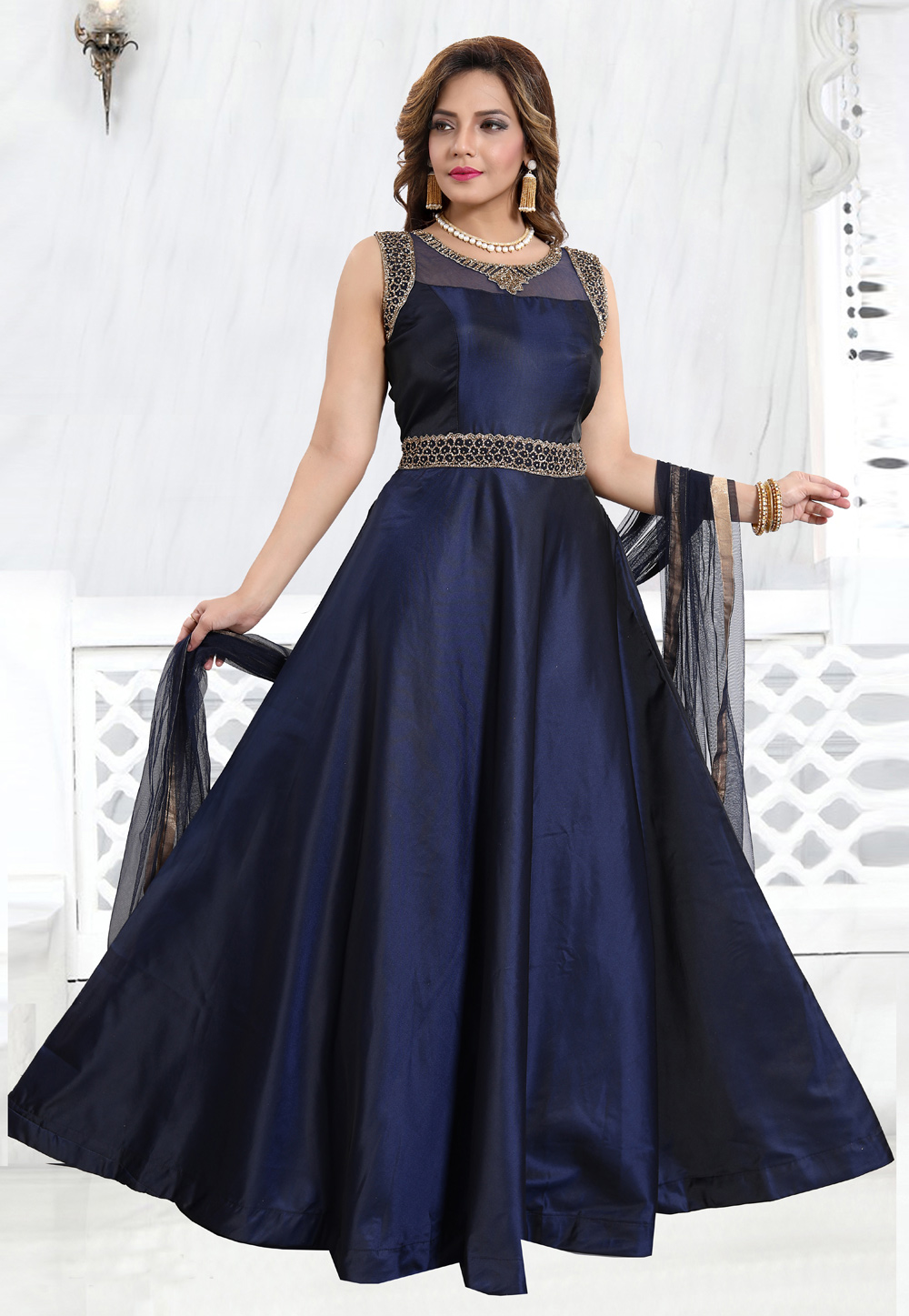 Navy Blue Satin Readymade Abaya Style Anarkali Suit 178058