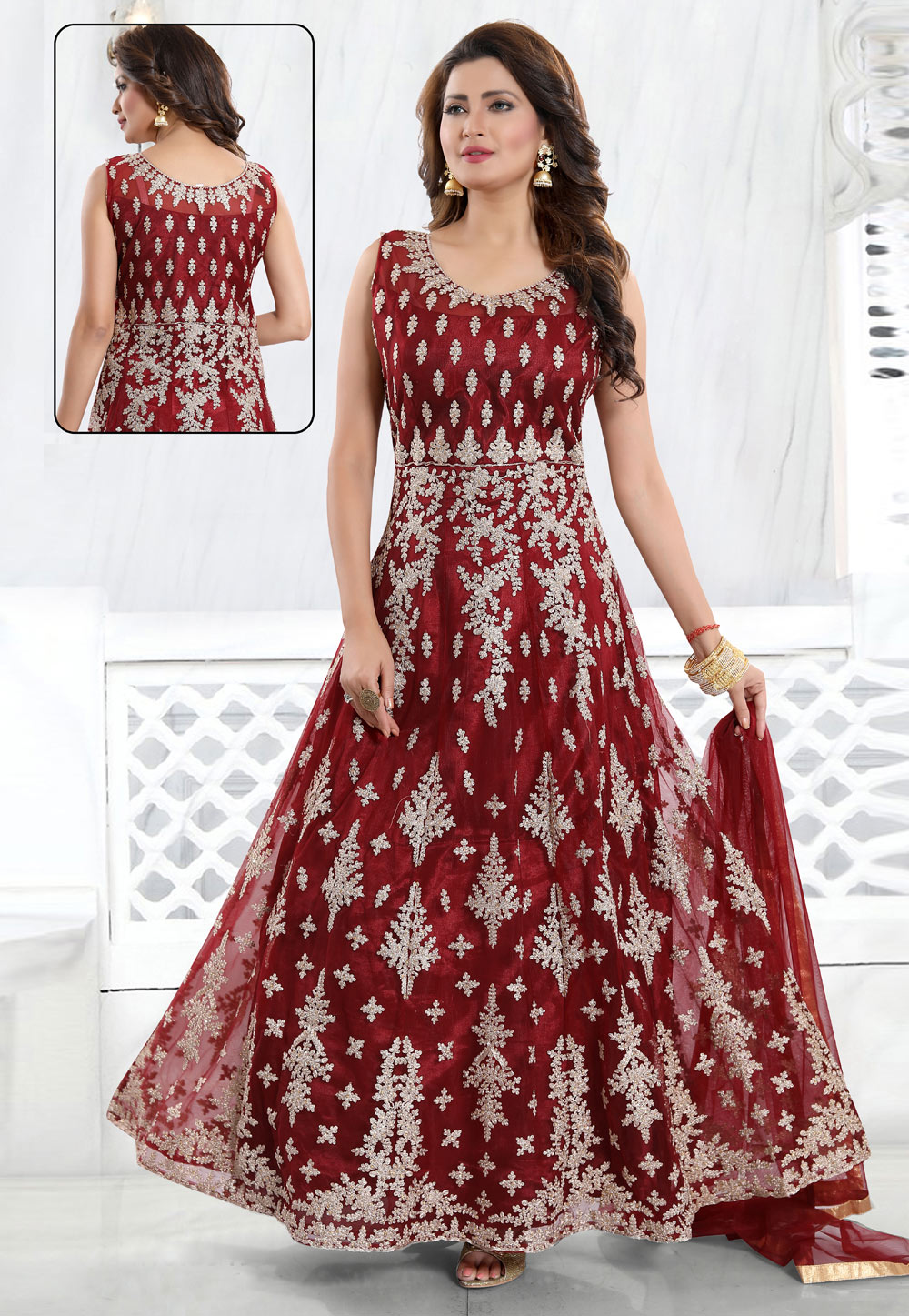 Maroon Organza Readymade Ankle Length Anarkali Suit 178065
