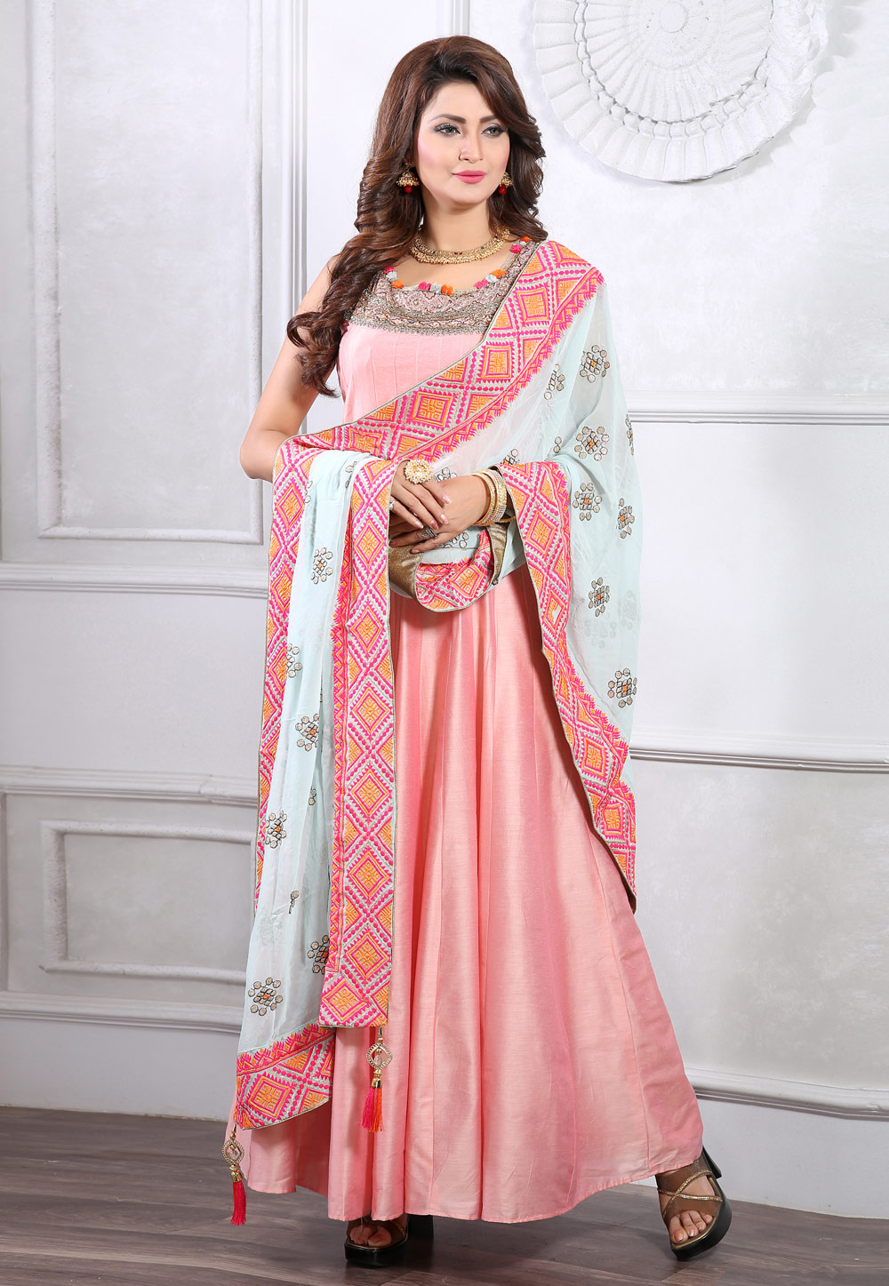 Pink Art Silk Readymade Abaya Style Anarkali Suit 205131