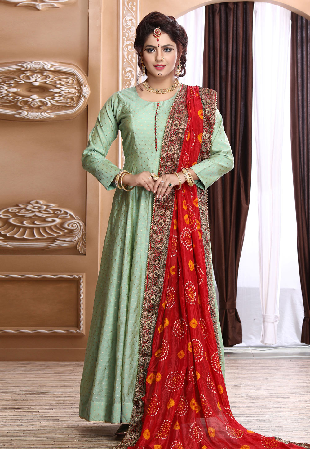 Light Green Chanderi Readymade Abaya Style Anarkali Suit 205133