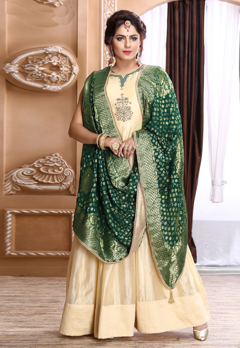 Cream Chanderi Silk Readymade Abaya Style Anarkali Suit 205144
