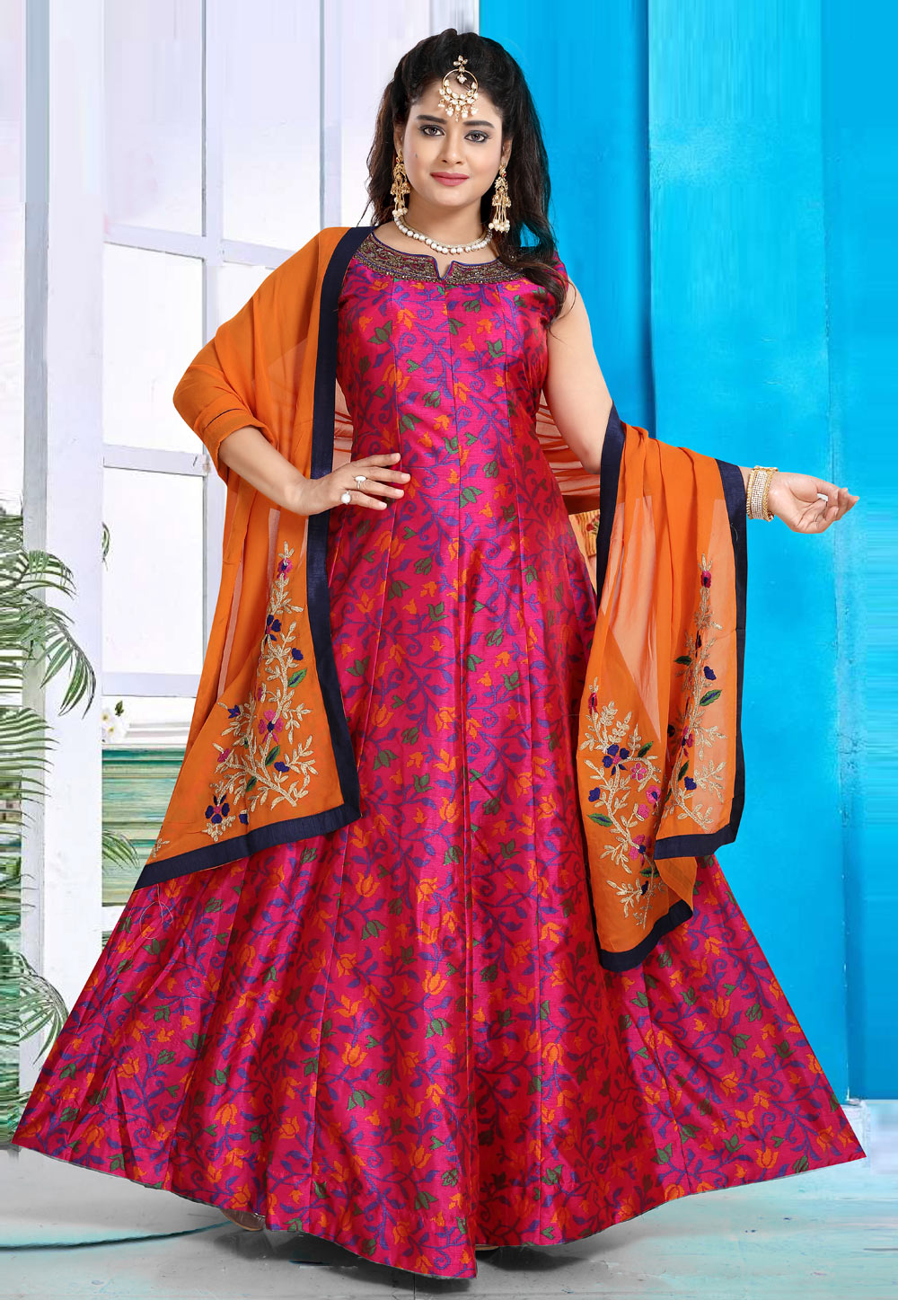 Magenta Patola Silk Readymade Abaya Style Anarkali Suit 208468