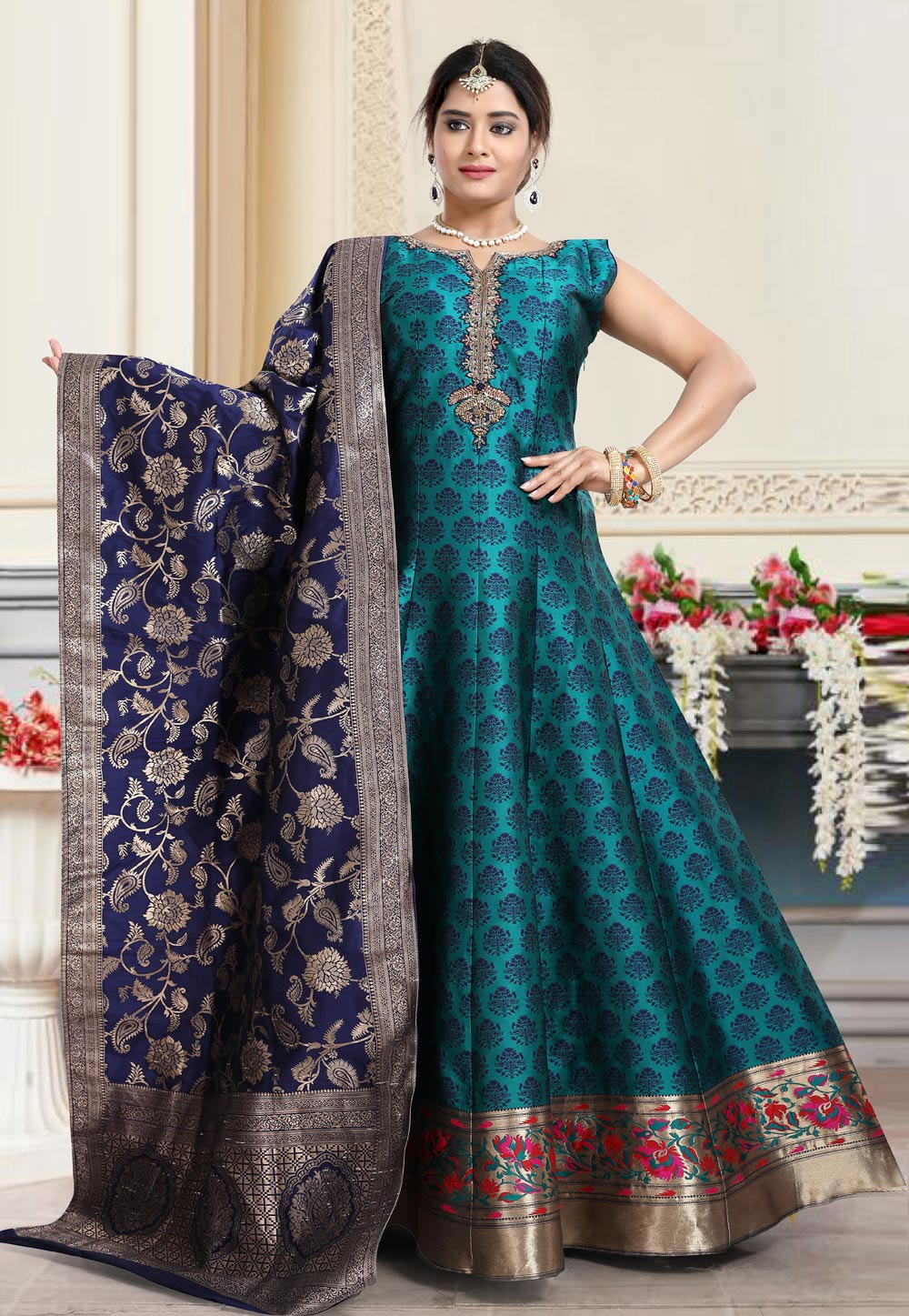 Blue Brocade Silk Readymade Long Anarkali Suit 208469