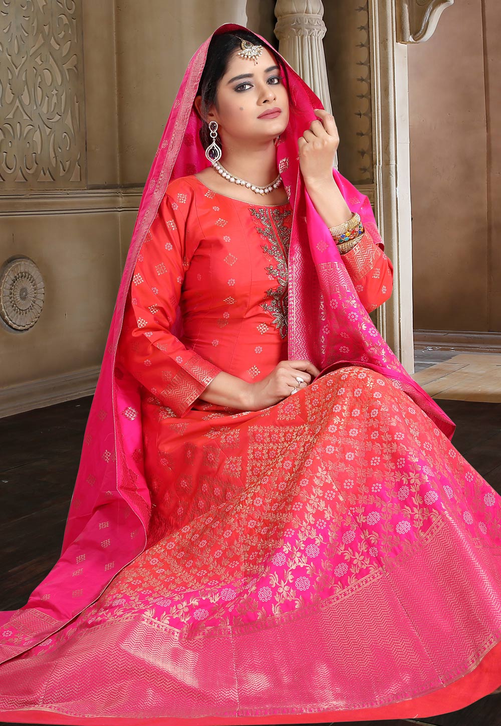 Red Brocade Silk Readymade Abaya Style Anarkali Suit 208471