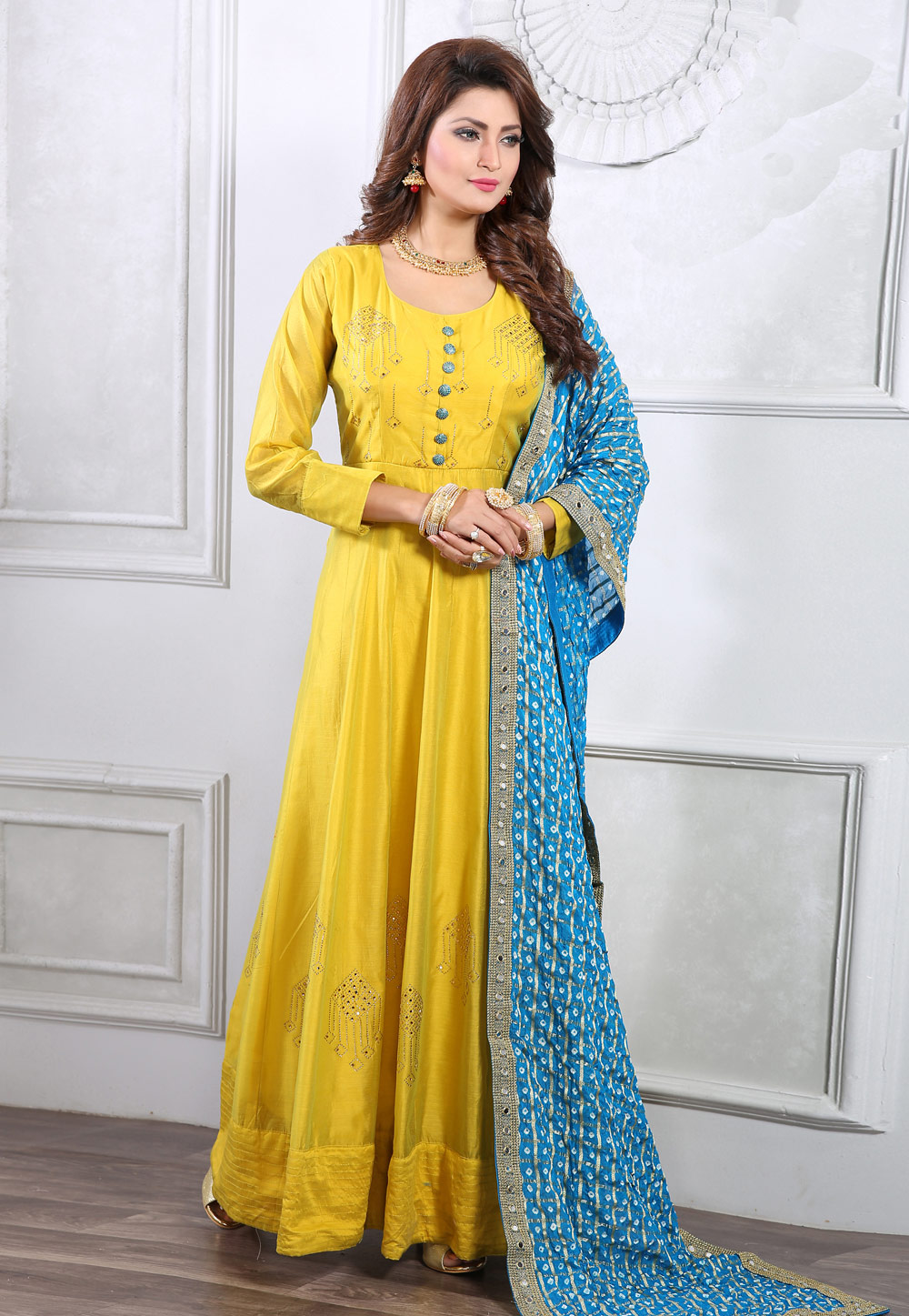 Yellow Chanderi Silk Readymade Abaya Style Anarkali Suit 212729