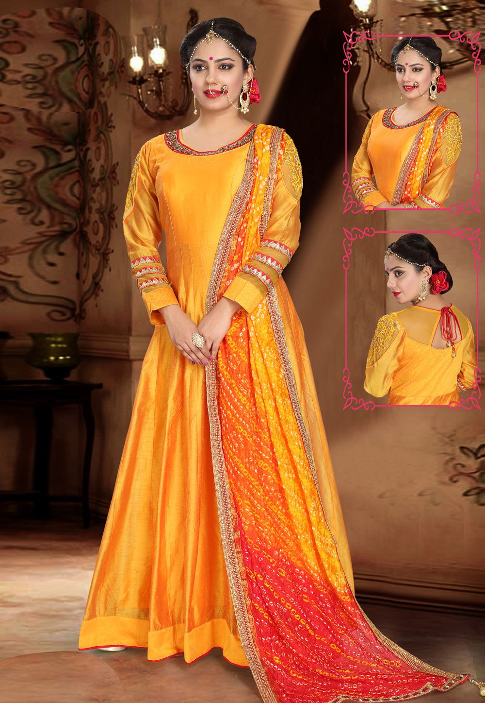 Yellow Chanderi Silk Readymade Ankle Length Anarkali Suit 212730