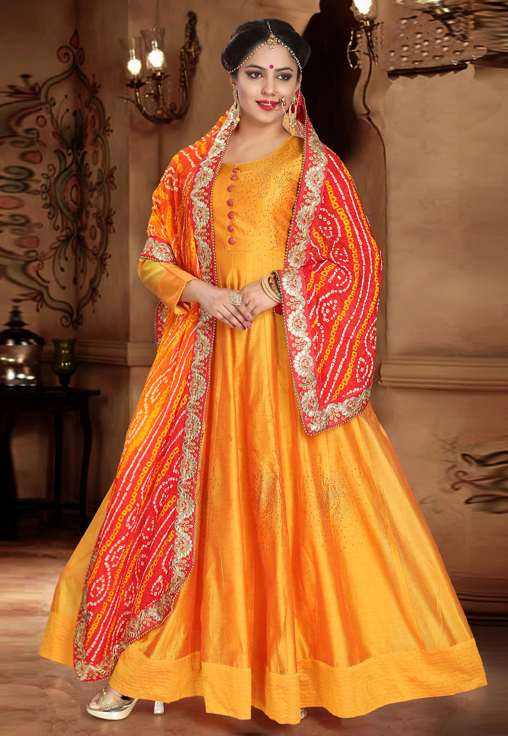 Yellow Chanderi Silk Readymade Ankle Length Anarkali Suit 212732