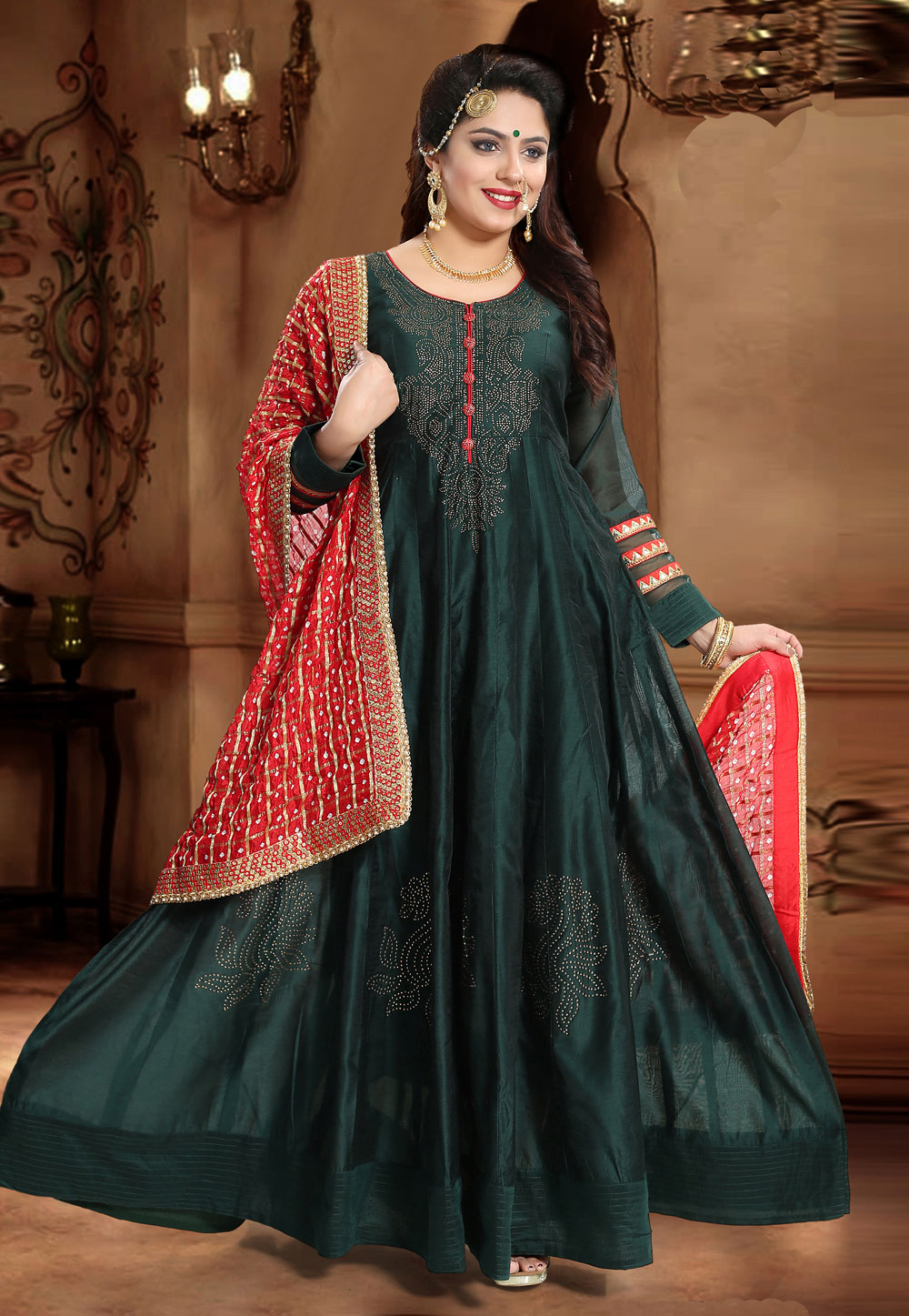 Green Chanderi Silk Readymade Ankle Length Anarkali Suit 212733