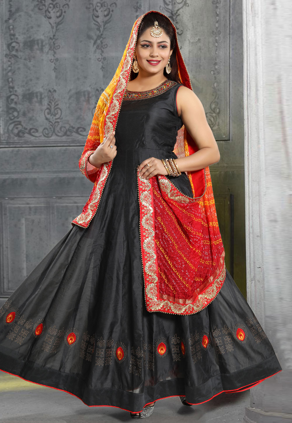 Black Chanderi Silk Readymade Ankle Length Anarkali Suit 212735