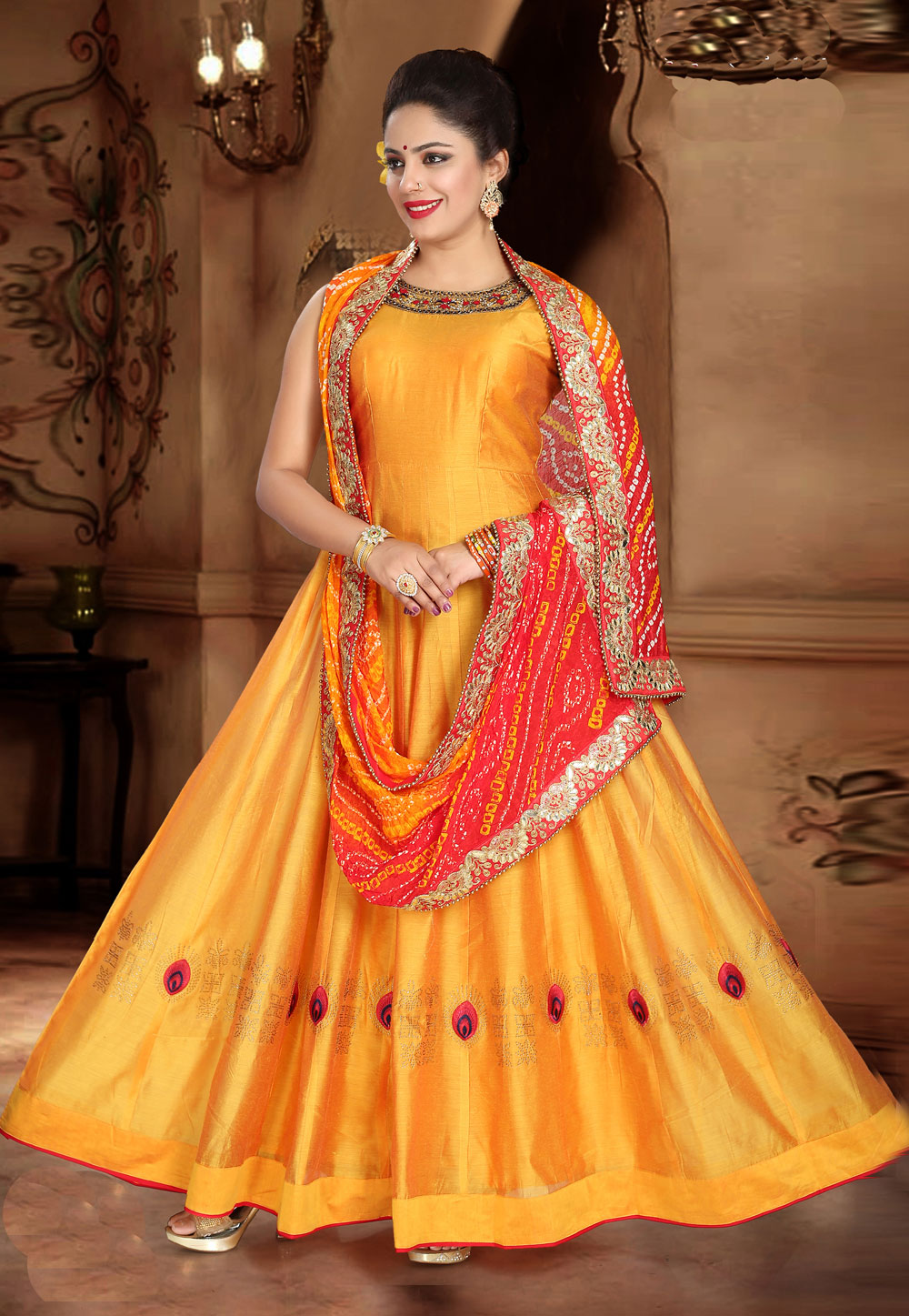 Yellow Chanderi Silk Readymade Ankle Length Anarkali Suit 212736
