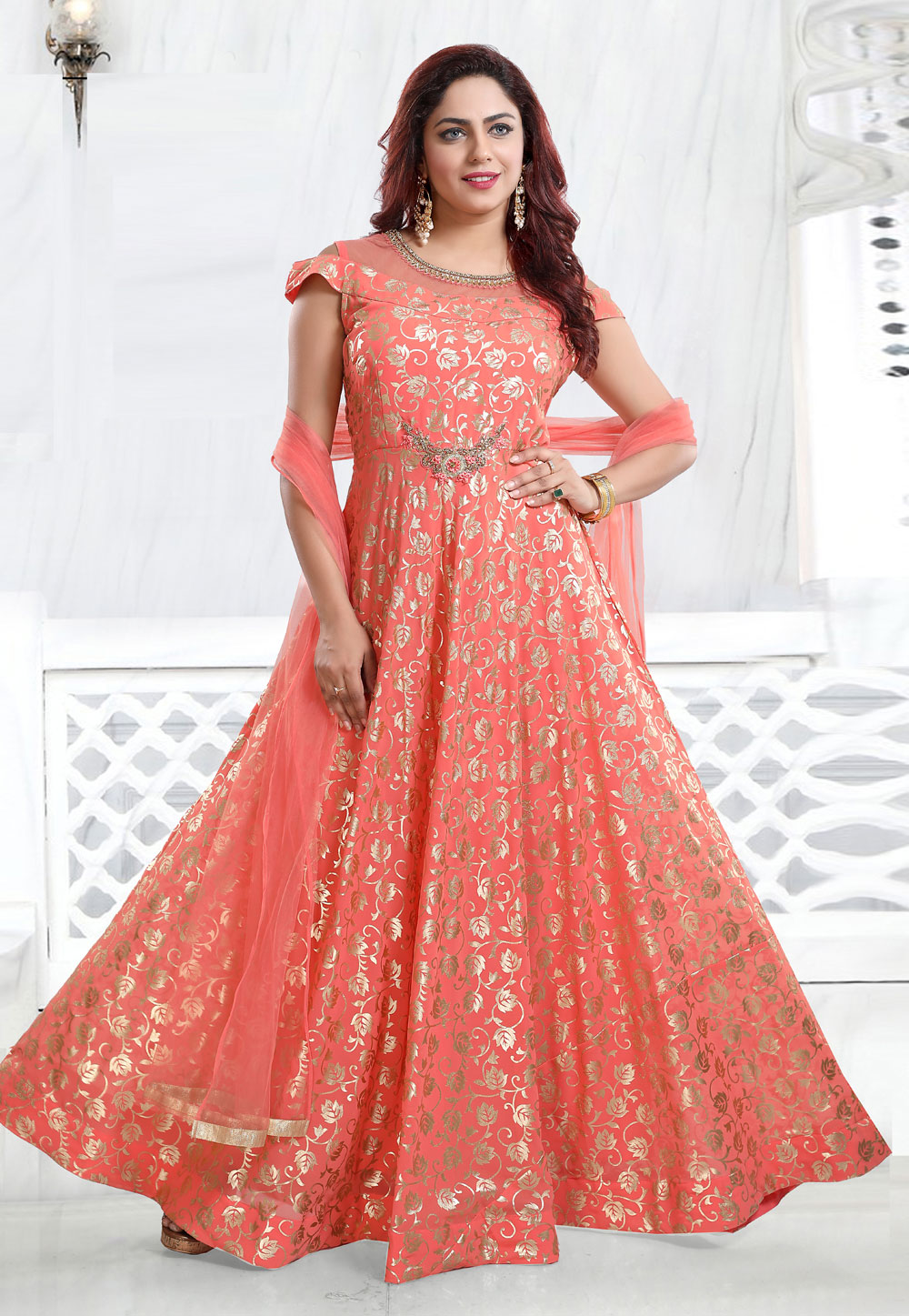 Peach Faux Georgette Readymade Abaya Style Anarkali Suit 219196