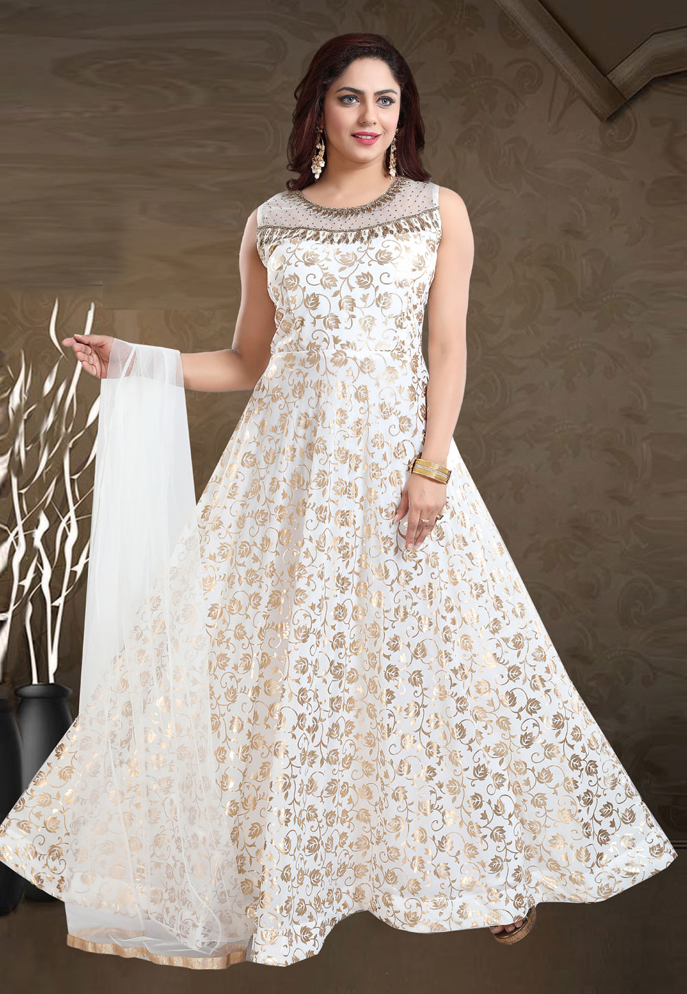 Off White Faux Georgette Readymade Long Anarkali Suit 219200