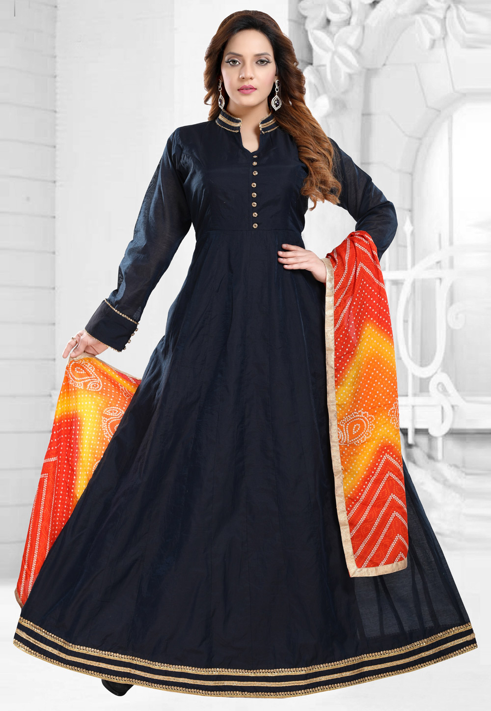 Navy Blue Chanderi Silk Readymade Long Anarkali Suit 219201