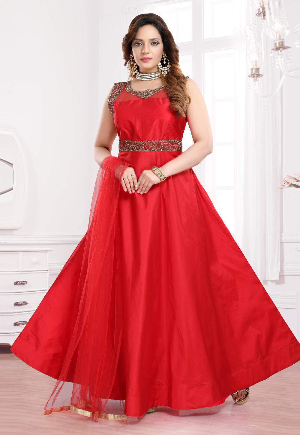 Red Taffeta Readymade Abaya Style Anarkali Suit 219203
