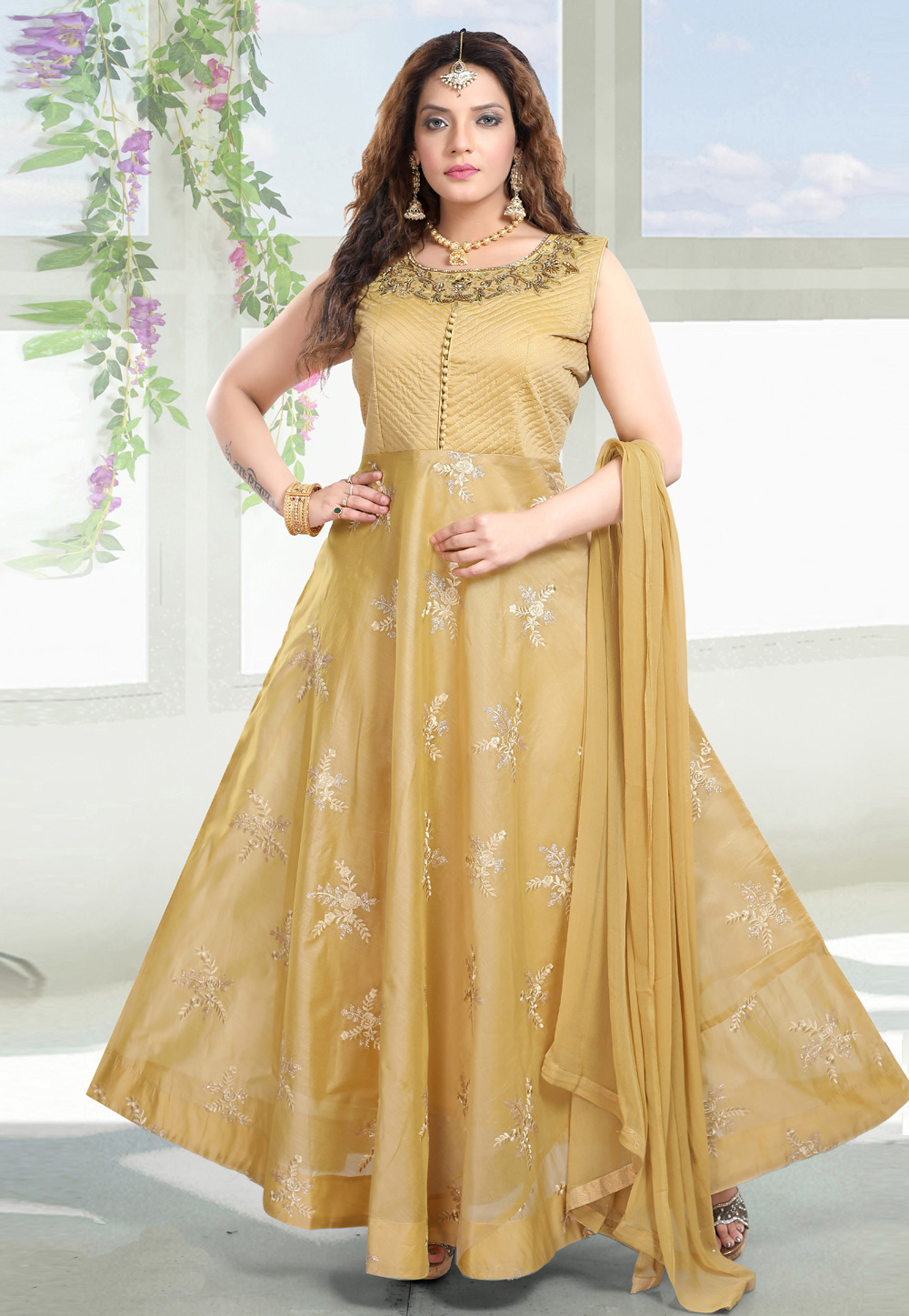 Yellow Chanderi Silk Readymade Ankle Length Anarkali Suit 219206