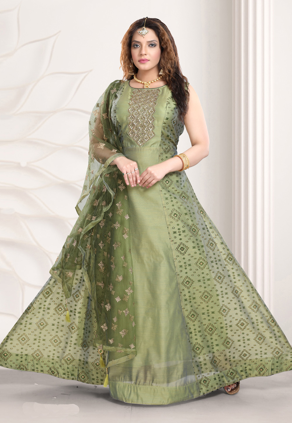 Green Chanderi Silk Readymade Long Anarkali Suit 219207
