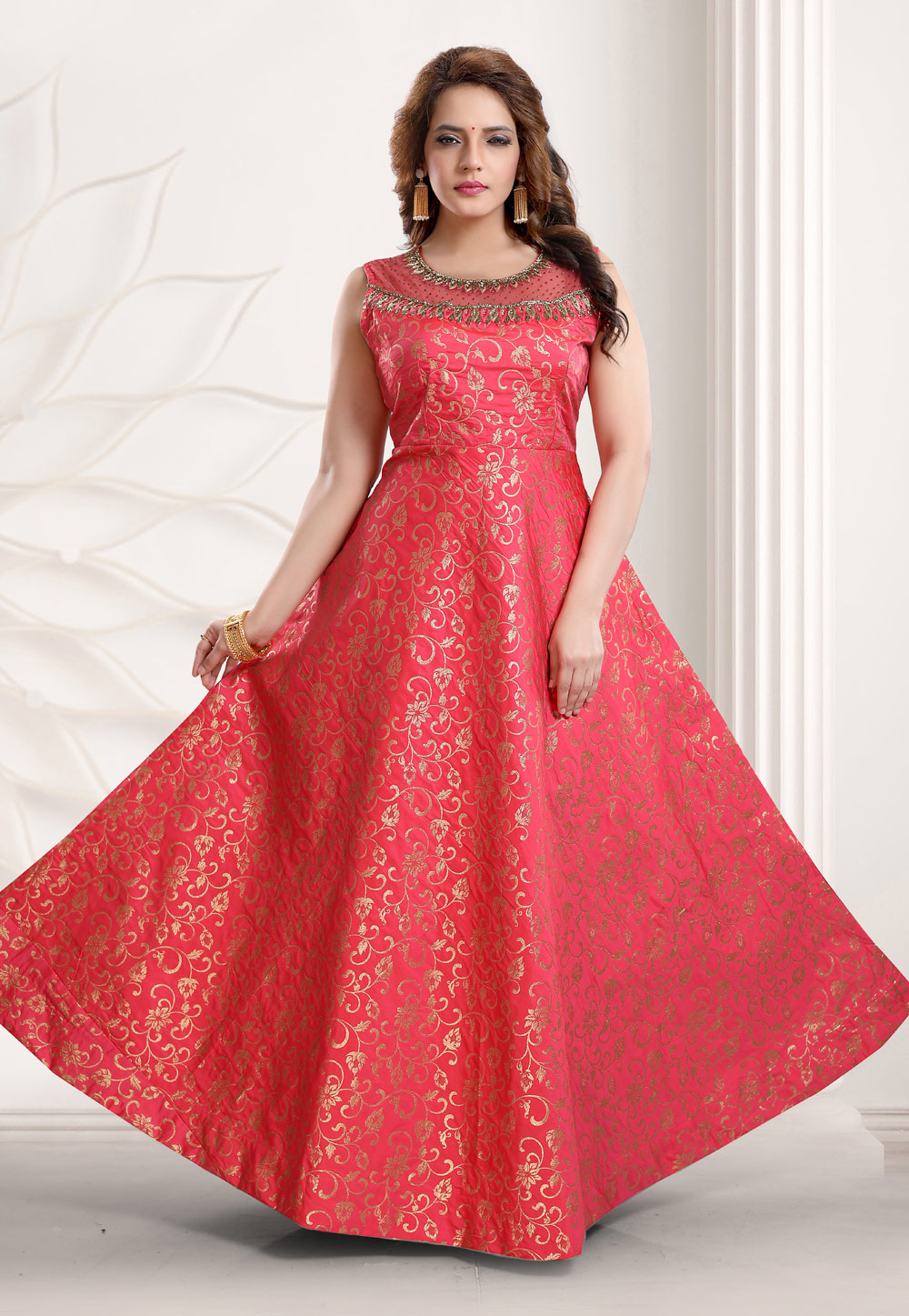Pink Brocade Silk Party Wear Gown 219353