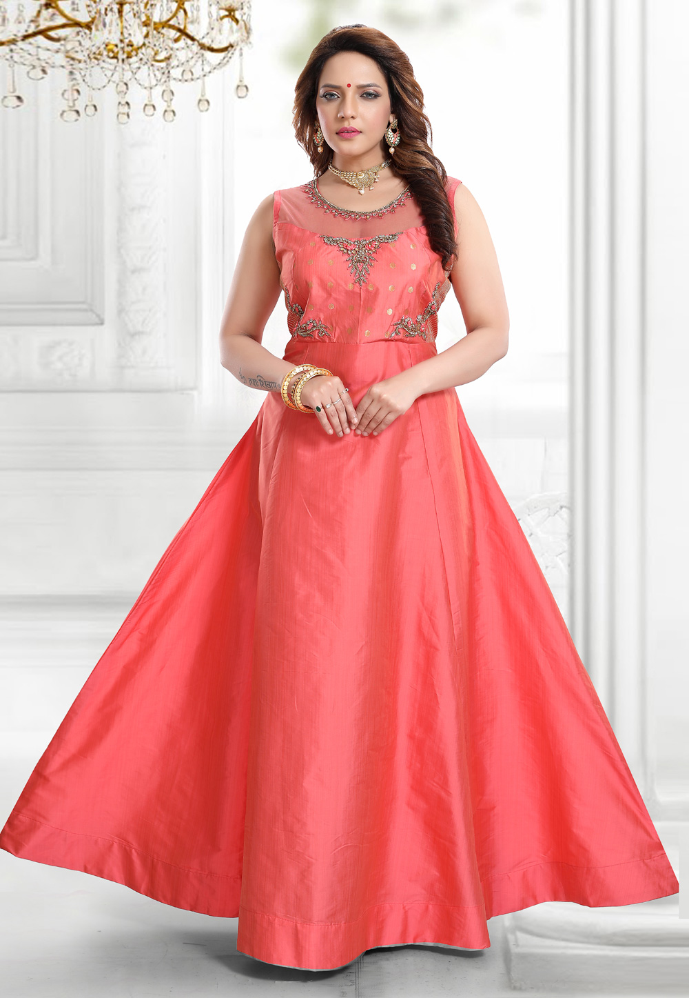Pink Silk Readymade Long Anarkali Suit 219208