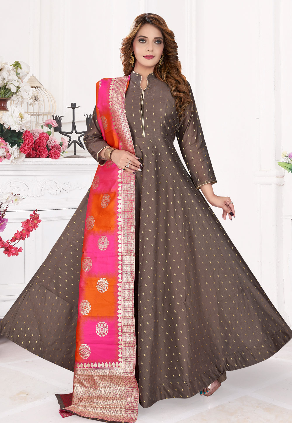 Brown Chanderi Silk Readymade Abaya Style Anarkali Suit 235892