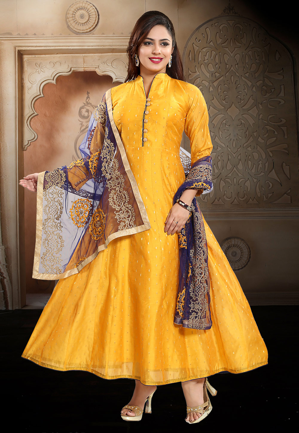 Yellow Chanderi Silk Readymade Ankle Length Anarkali Suit 235895