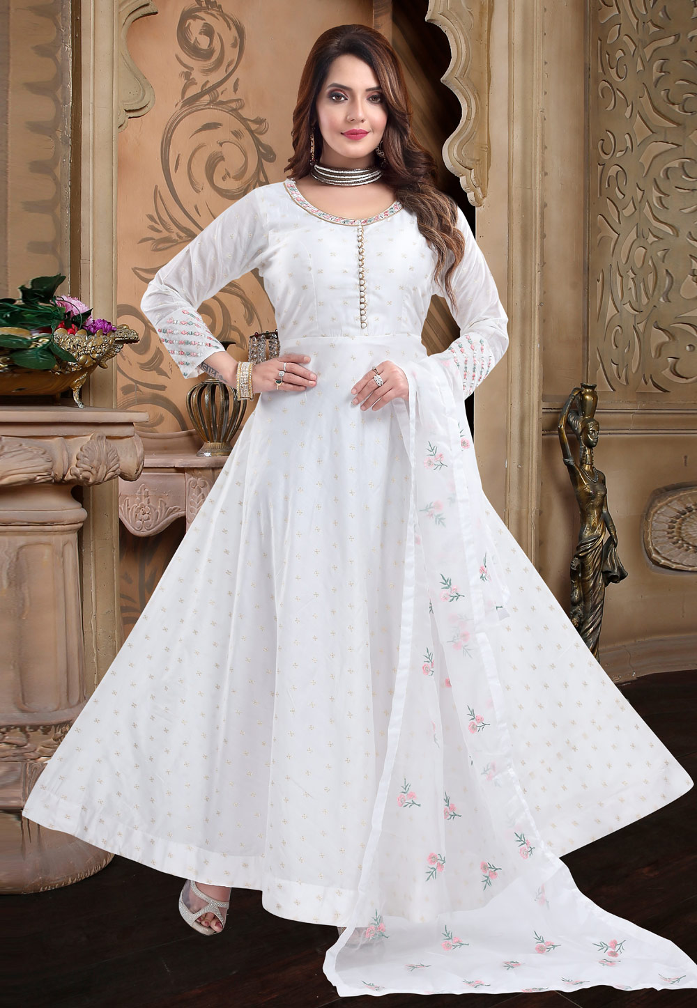 White Chanderi Silk Readymade Abaya Style Anarkali Suit 235898